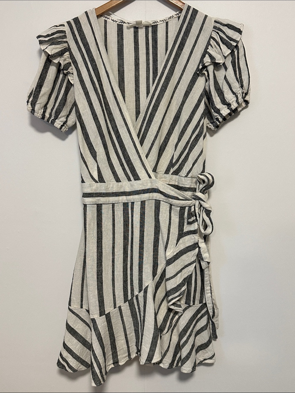 Shabby Chic Linen Blend Black & White Striped Wrap Mini Dress